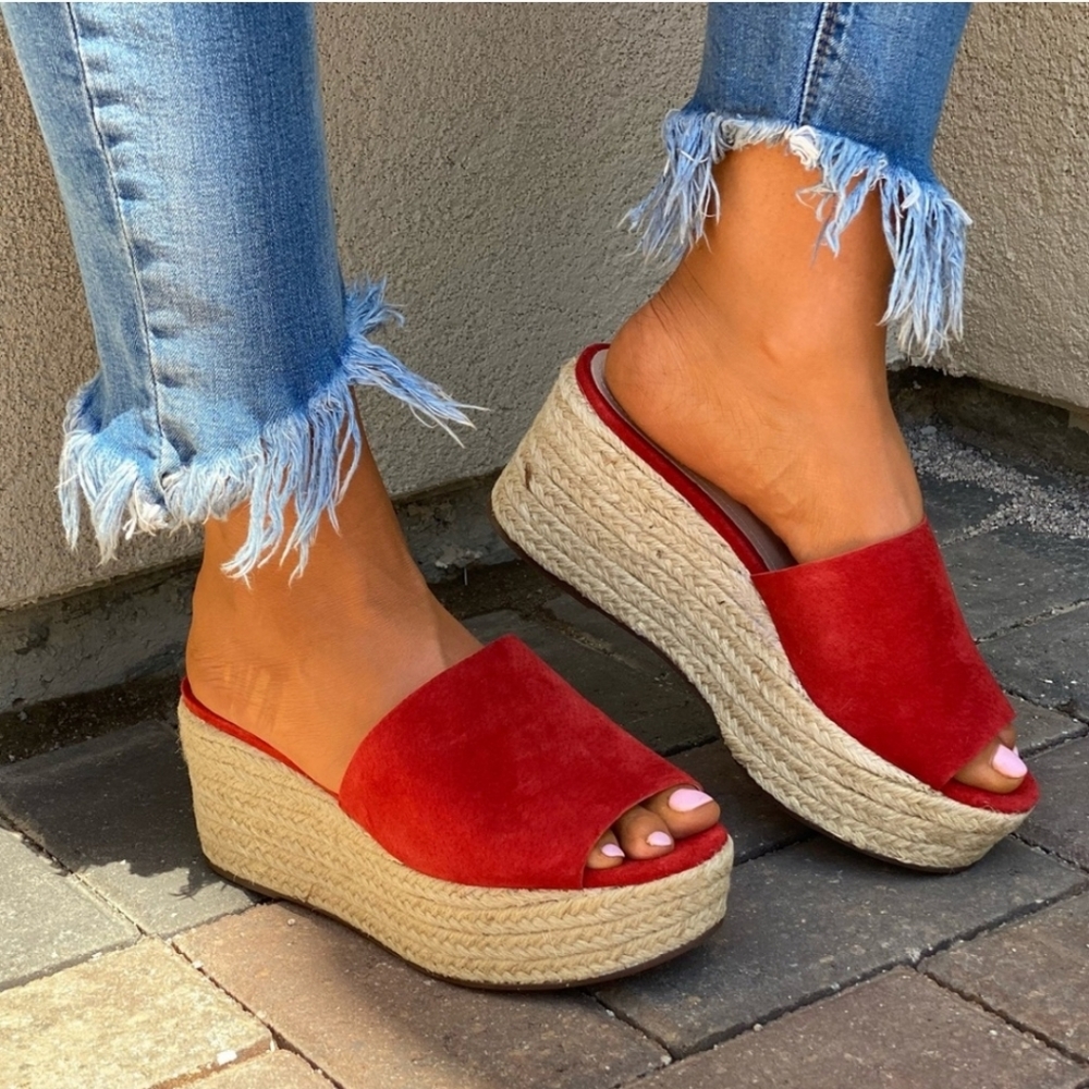 Schutz Red Suede Slide Espadrille Wedge Sandals - Picture 6 of 9